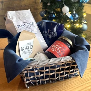 Boat Club Gift Pack including custom roasted coffee, BC coffee mug, house made mixed berry jam, and a $50 BC gift card